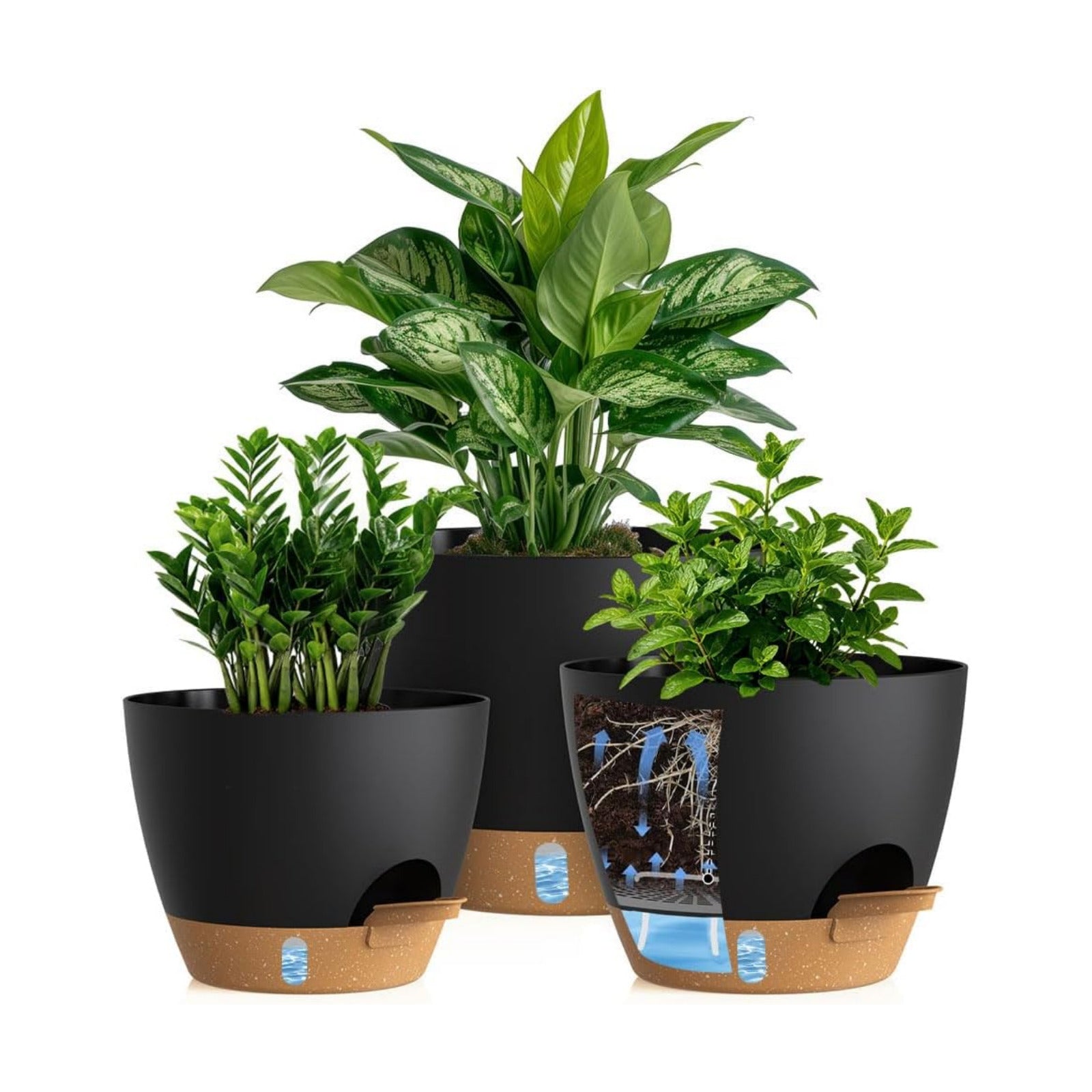 Self Watering Pots with Drainage Holes, 3 Pack 12/10/8 Inch Plant Pots with Water Level Indicator Deep Reservoir, Large