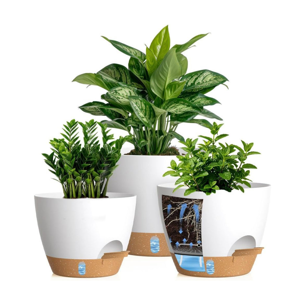 Self Watering Pots with Drainage Holes, 3 Pack 12/10/8 Inch Plant Pots with Water Level Indicator Deep Reservoir, Large