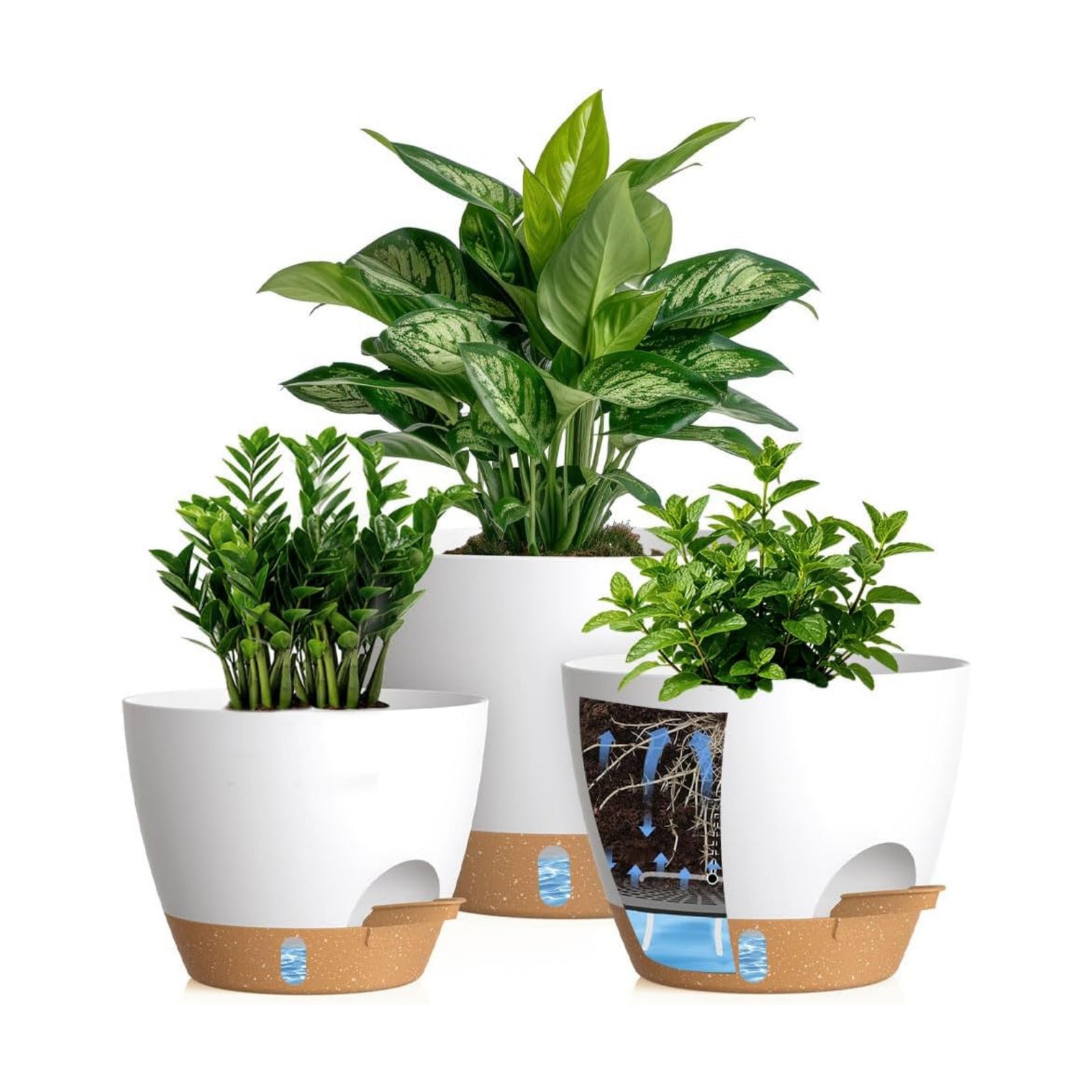 Self Watering Pots with Drainage Holes, 3 Pack 12/10/8 Inch Plant Pots with Water Level Indicator Deep Reservoir, Large