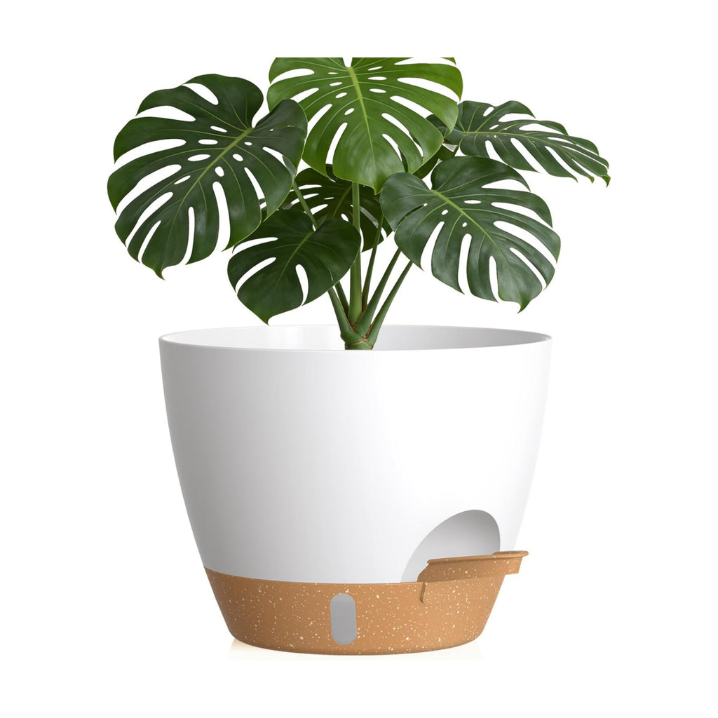 Plant Pots, 1 Pack 12 Inch Self Watering Pots with Drainage Holes, Water Level Indicator Deep Reservoir, Large Planters for Indoor Outdoor Plants - White Brown