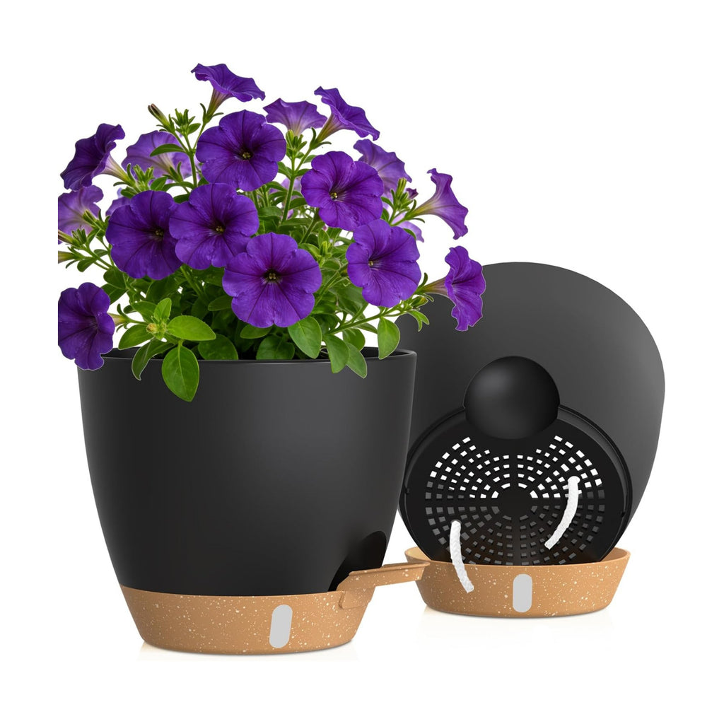 Self Watering Pots with Drainage Holes, 2 Pack 10 Inch Plant Pots with Water Level Indicator Deep Reservoir, Large