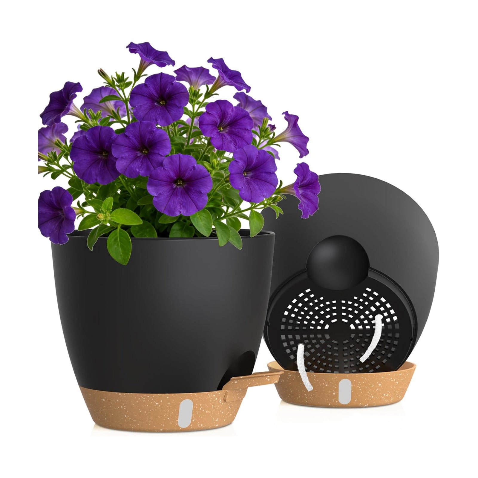 Self Watering Pots with Drainage Holes, 2 Pack 10 Inch Plant Pots with Water Level Indicator Deep Reservoir, Large
