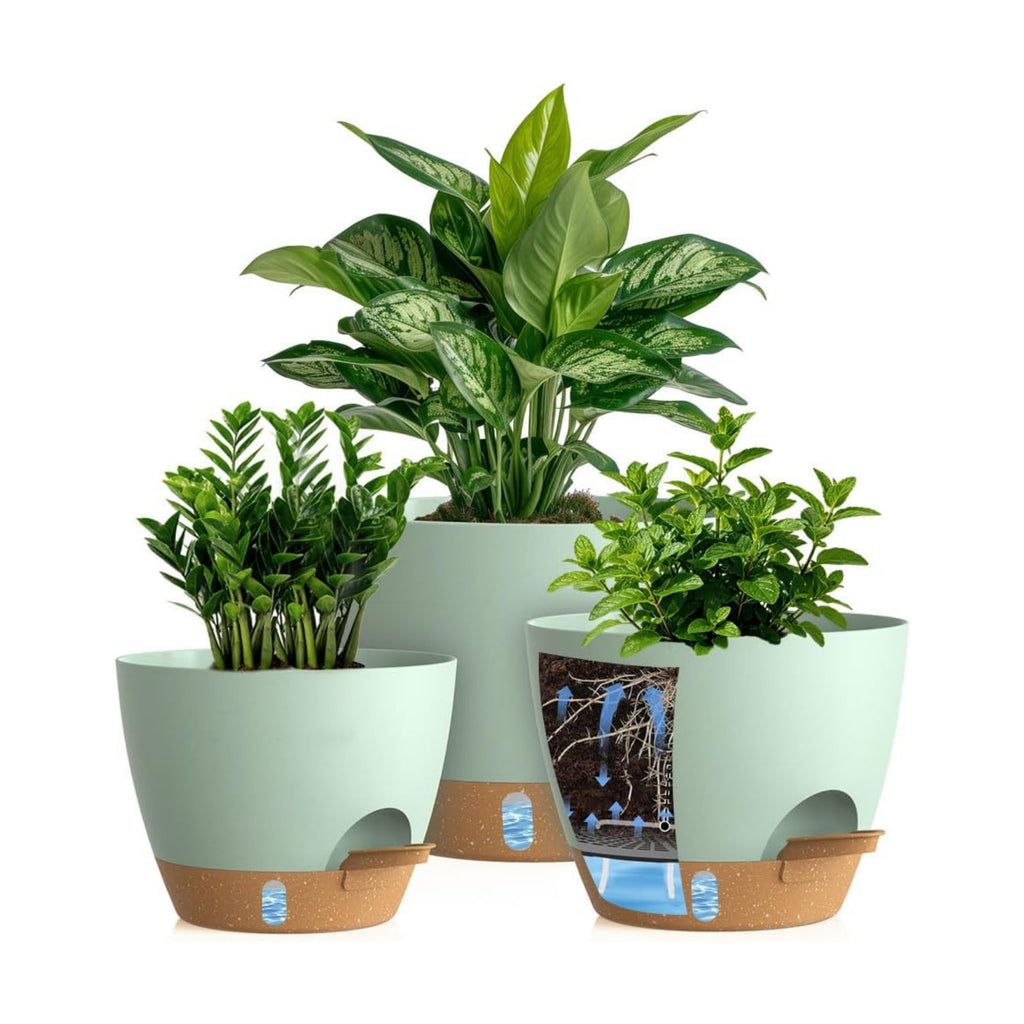 Self Watering Pots with Drainage Holes, 3 Pack 12/10/8 Inch Plant Pots with Water Level Indicator Deep Reservoir, Large Plastic Planter for Indoor Outdoor Plants - Green Brown