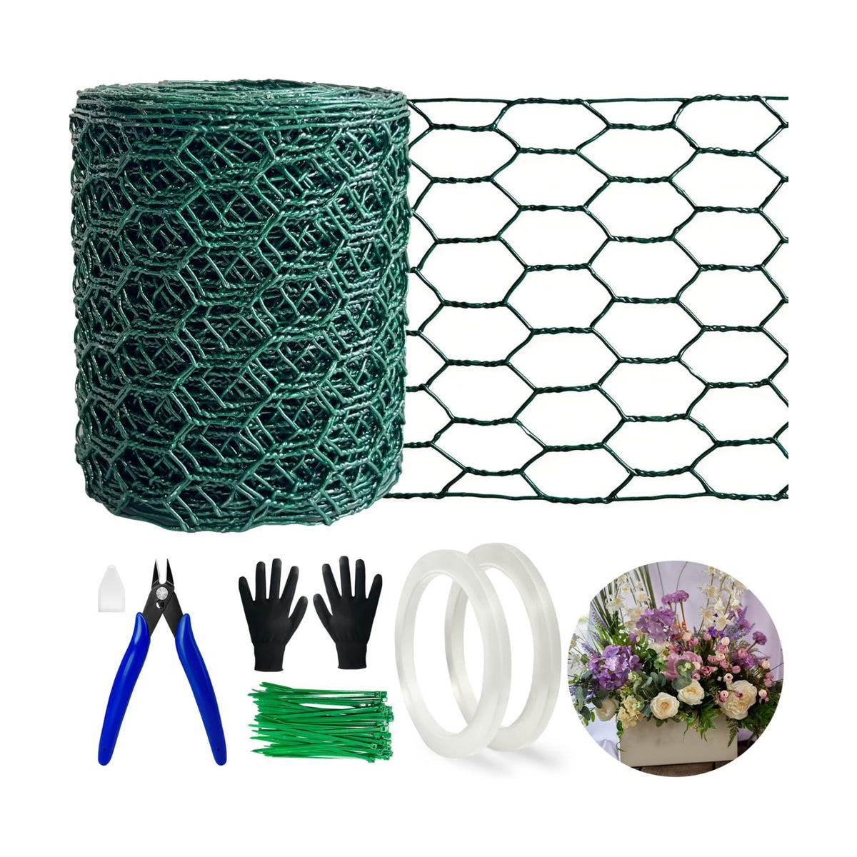 Floral Chicken Wire for Craft Kit,4"x 396" Lightweight Chicken Wire for Floral Arrangement, Hexagonal Galvanized Chicken Wire Netting with Floral Tape, Plier, Tie, Gloves(Forest Green, 4" x 396")
