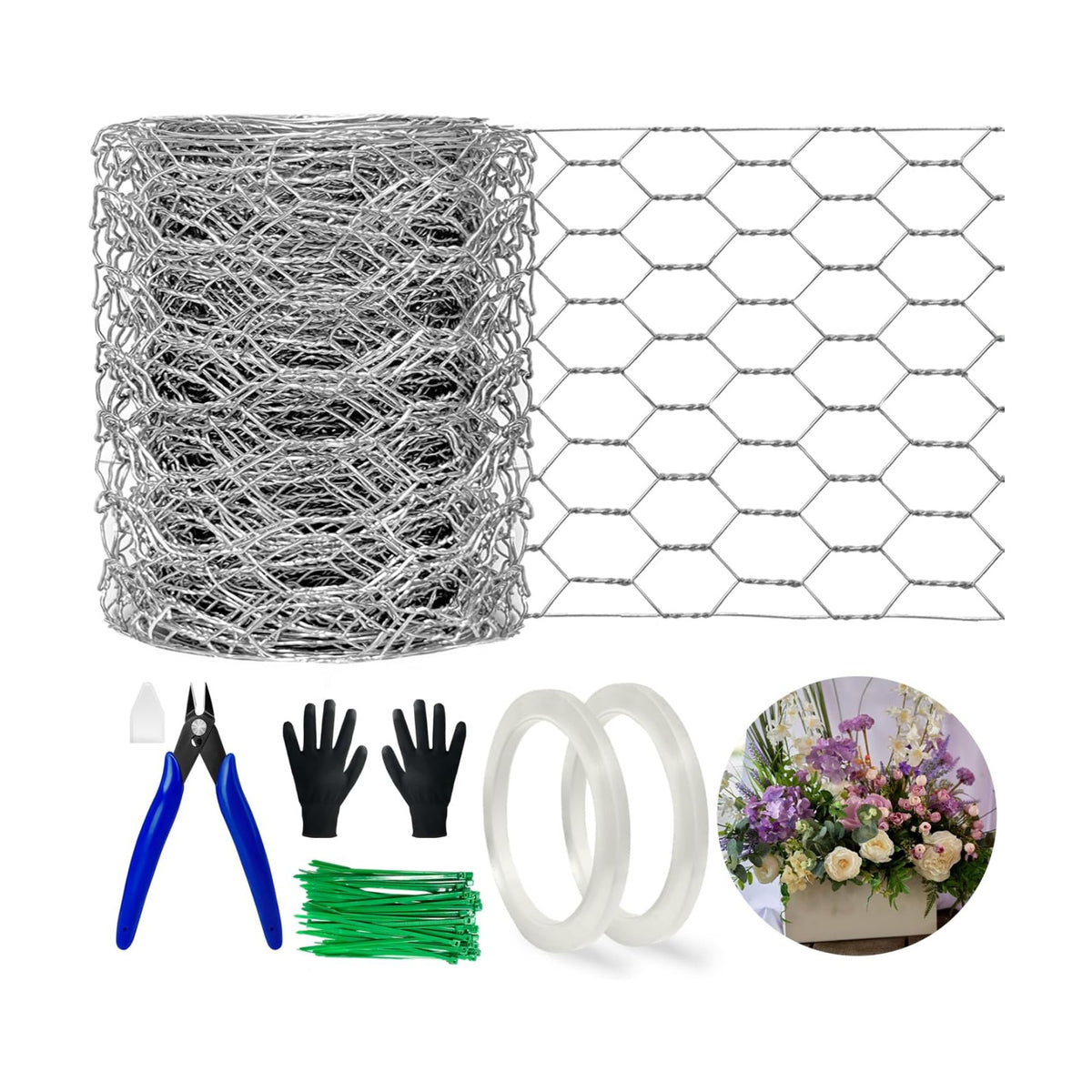 Floral Chicken Wire for Craft Kit, 4" x 396" Lightweight Chicken Wire for Floral Arrangement, Hexagonal Galvanized Chicken Wire Netting with Floral Tape, Plier, Tie, Gloves(Silver,4" x 396")