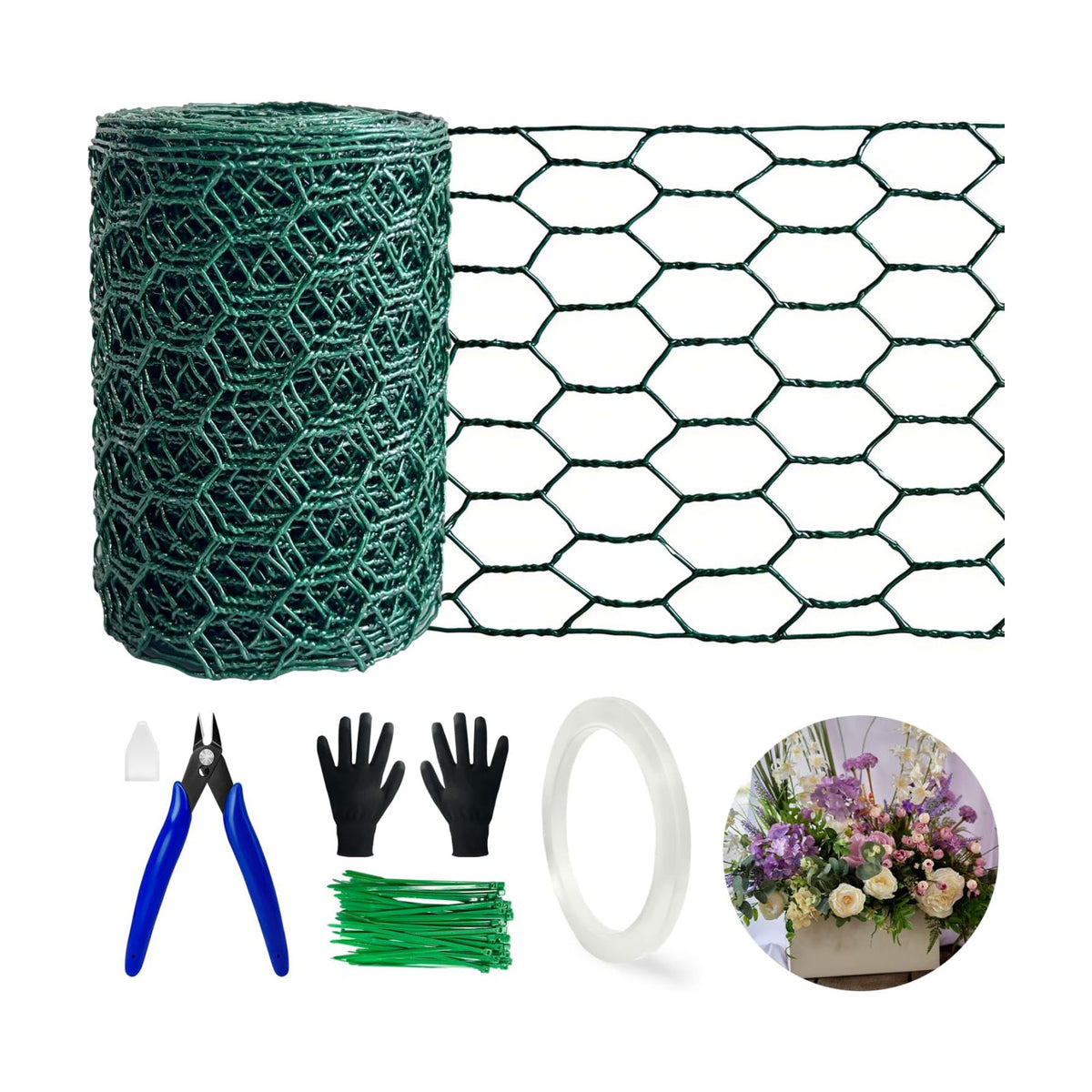 Floral Chicken Wire for Craft Kit, 4" x 158" Lightweight Chicken Wire for Floral Arrangement, Hexagonal Galvanized Chicken Wire Netting with Floral Tape, Plier, Tie, Gloves(Forest Green, 4" x 158")