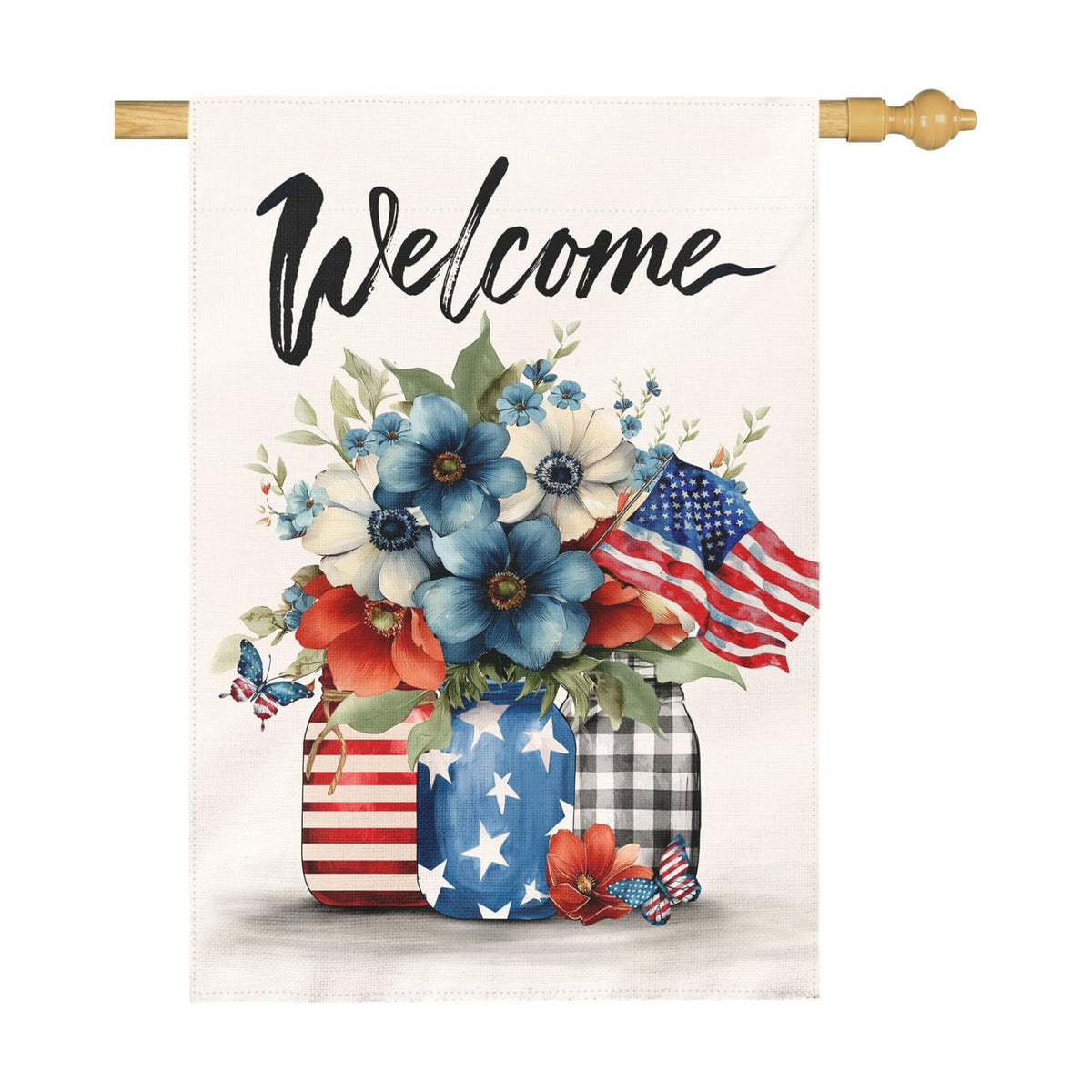 Patriotic Fourth of July House Flag Welcome Red White and Blue Mason Jar Flowers Garden Flags American Flag Floral Farmhouse Outdoor for Independence Day Memorial Day Veterans Day 28 x 40 Inch