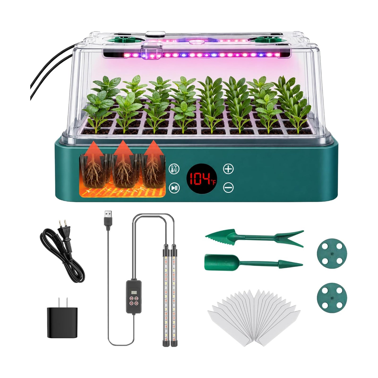 40-Cell Heated Seed Starter Kit with Grow Light & Humidity Dome | 1-24H Timer LED Light, Integrated Heat, Independent