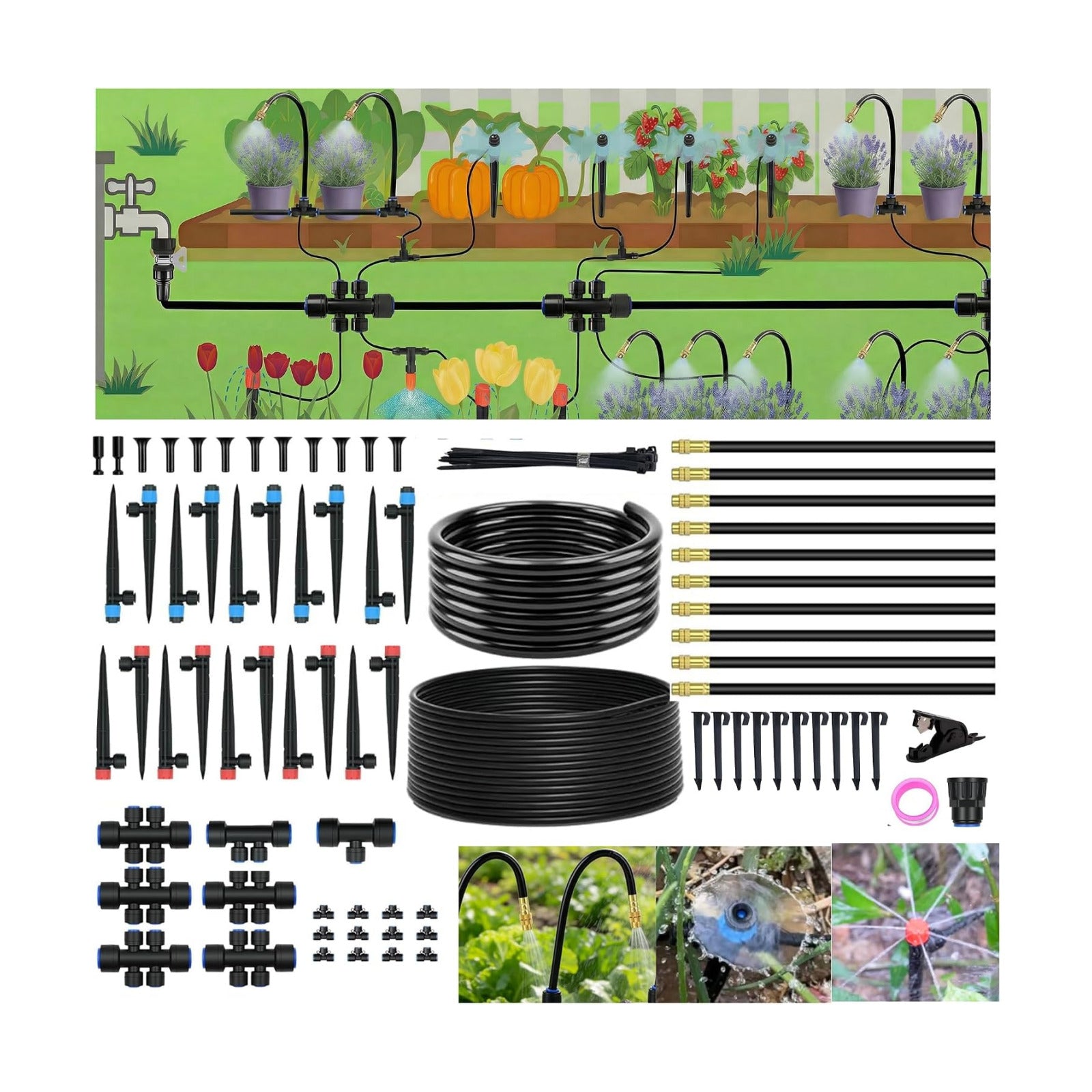 240FT Drip Irrigation System for Garden: 30 Nozzles 1/2" PE Tubing Automatic Watering Kit Adjustable Misting Sprinkler