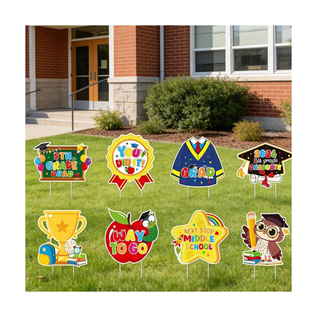 Rngmsi 5th Grade Graduation Yard Signs, 5th Grade Graduation Garden Yard Sign with Stakes, Congrats Fifth Graduation Outdoor Decor for Lawn Garden Grad Party Supplies (8PCS)