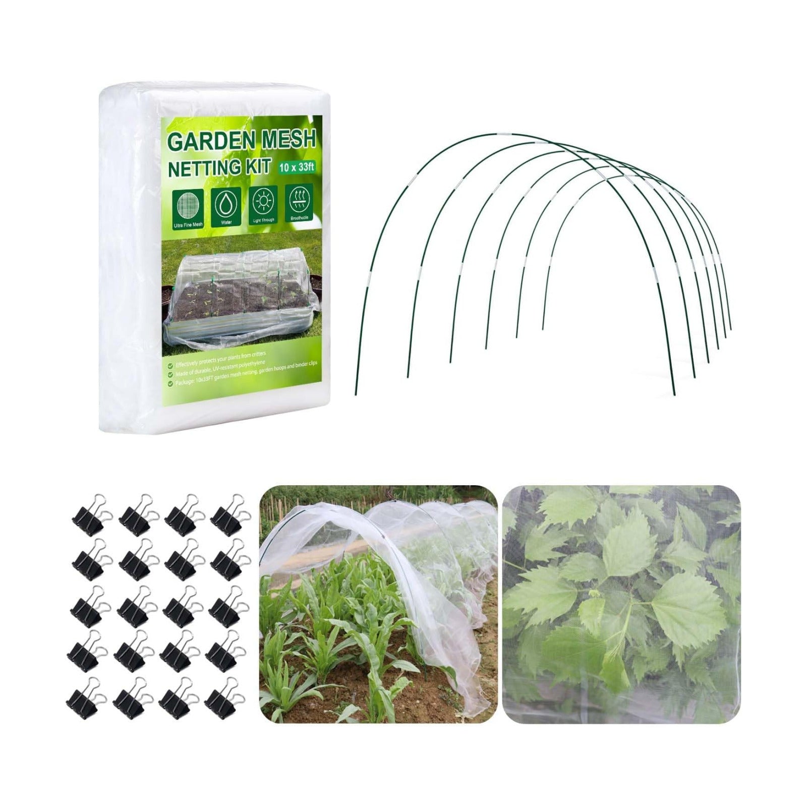 KLEWEE Garden Netting Kit for Raised Beds, 10x33ft Ultra Fine Mesh Netting | 6 Sets Fiberglass Garden Hoops, Garden Bed