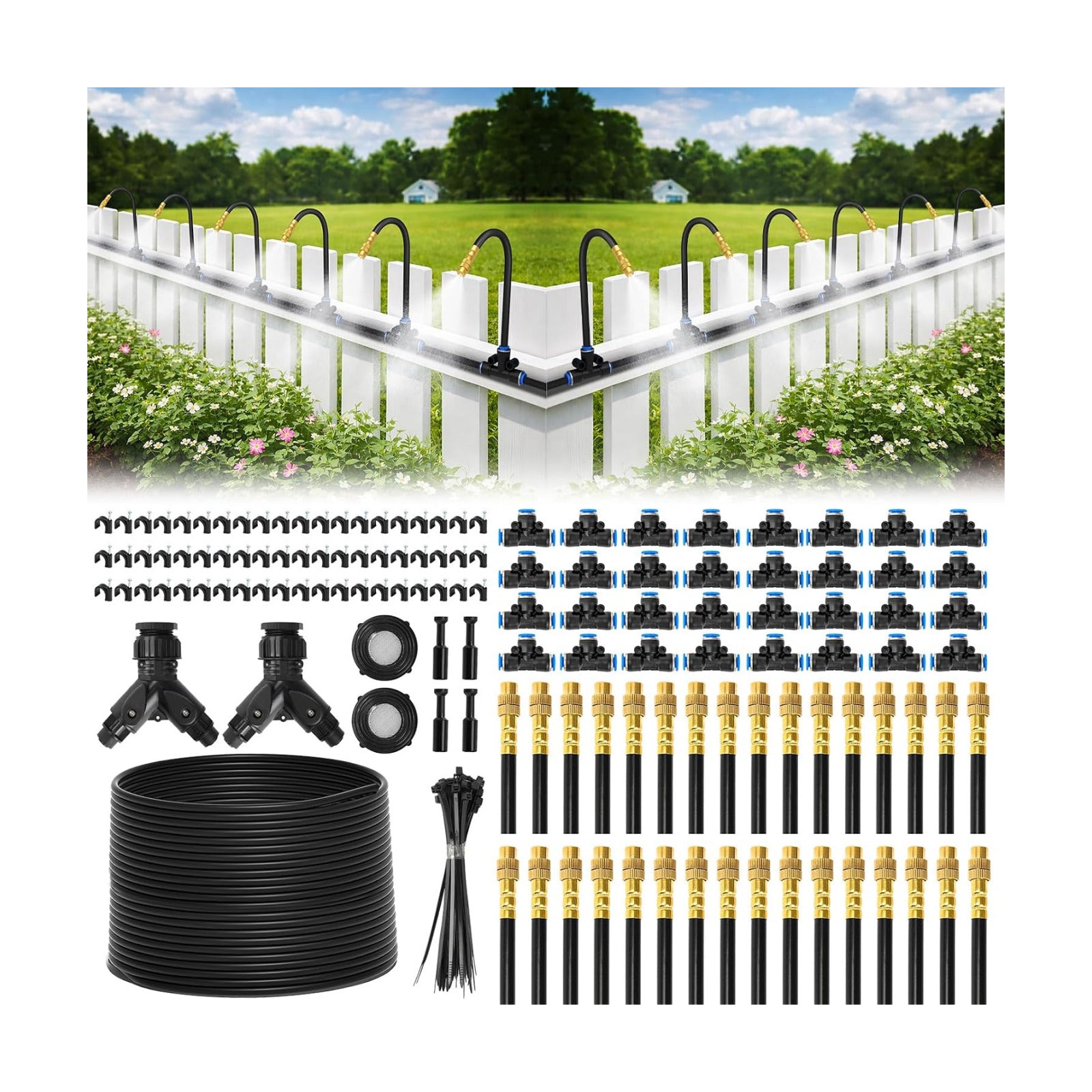 Pro-Series Drip Irrigation System, 200FT 1/4" Garden Watering System with 32pcs 360° Bendable Copper Nozzles, Leak-Free