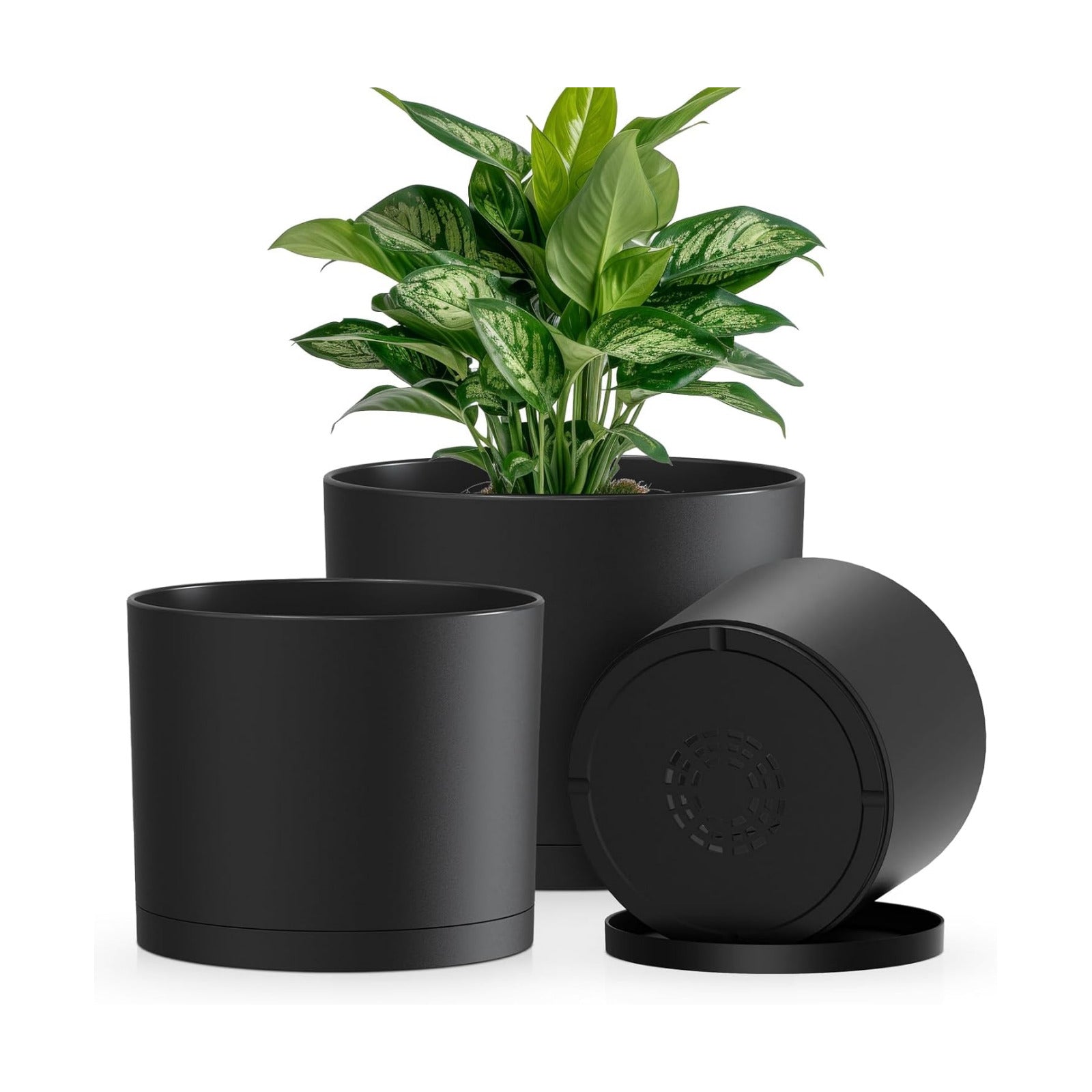 Plant Pots, 10/9/8 Inch 3 Pack Cylindrical Flower Pots with Drainage Holes and Saucers, Plastic Planters for Outdoor