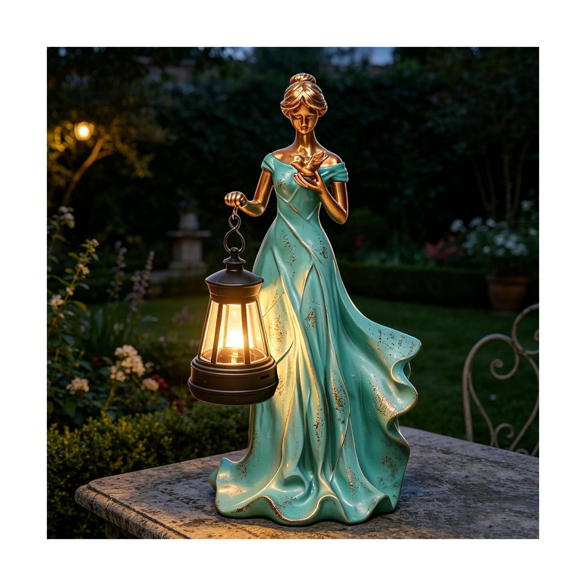 Fairy Garden Outdoor Figurines Lights, Leaf Angel Girls Statues with Solar Lantern and Bird Rustic Home Decor Outside
