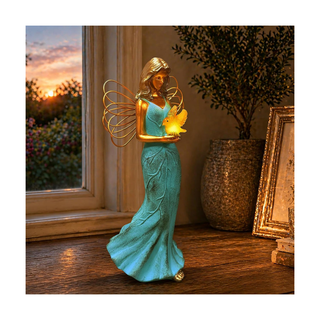 Solar Fairy Garden Statue Decor - Leaf Angel Girls with Hummingbird Figurines Lights Resin Collection Home Decoration