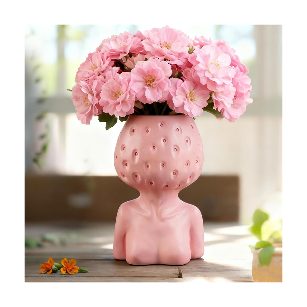Female Body Vase, Strawberry Face Planter for Decor, Unique Cute Head Planter Pot Bust Planter with Drainage Hole