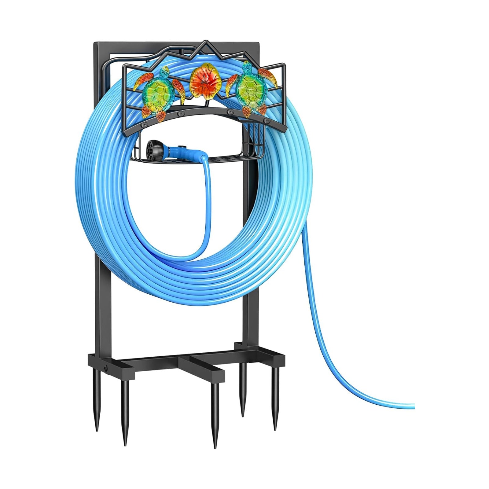 Garden Water Hose Holder 5 Spikes, Freestanding Hose Stand for Outside Yard | Water Hose Reel Stand with Storage Basket