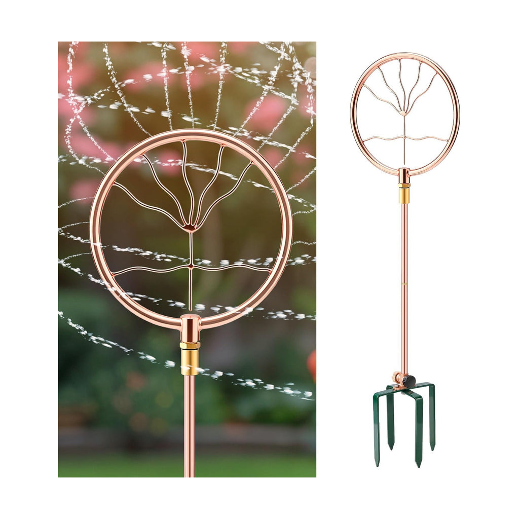34" Ornamental Sprinkler, 360° Rotating, Wave Fan | Copper coated stainless steel, fits 3/4 in hose, 4-point stake