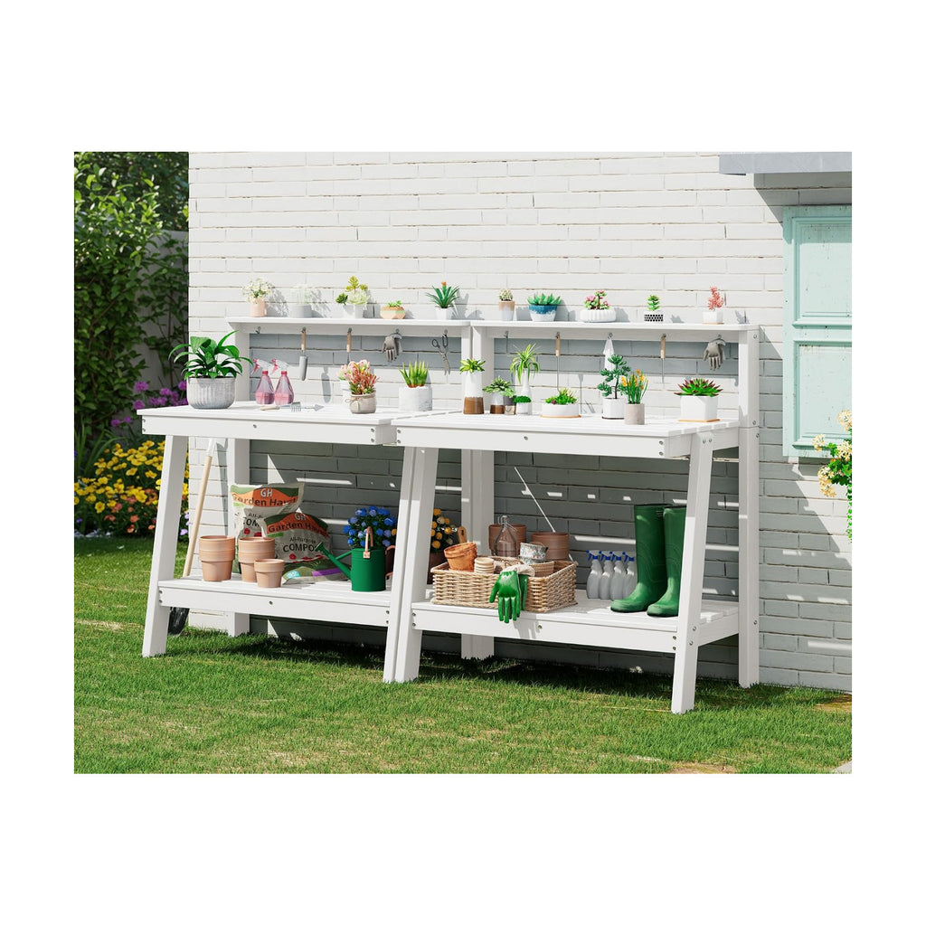 SERWALL 3-Tier Outdoor Potting Bench with Storage,Gardening Table,White,2PC | Waterproof HDPE Structure,Spacious