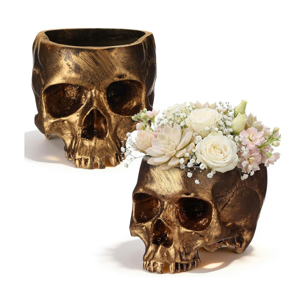 2 Pack Halloween Skull Planter, Gold, Retro