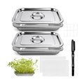 2 Pack Stainless Steel Seed Sprouter Trays, 2-Tier Soil-Free Microgreens Growing Kit, Sprouting Tray with Cover Lids &