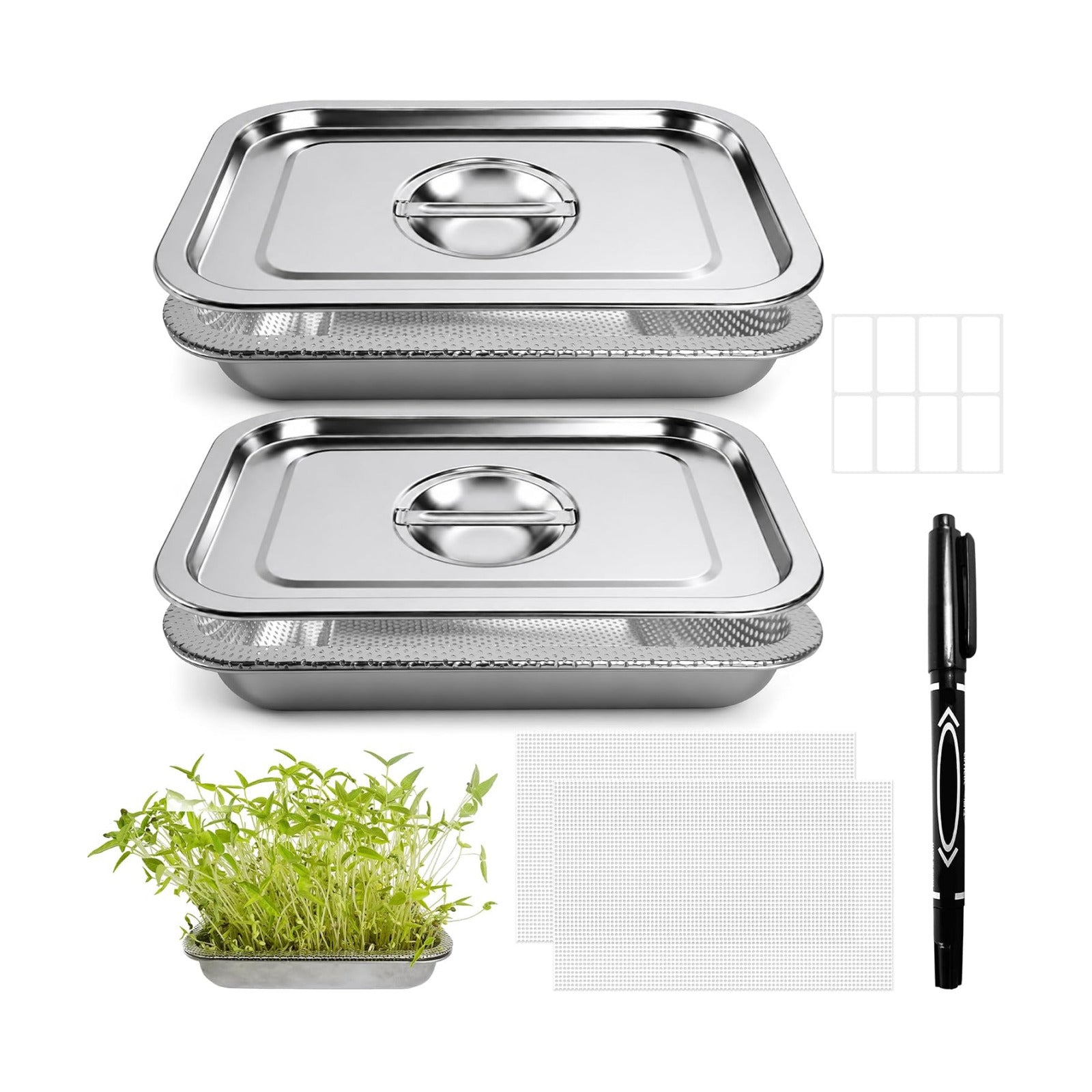 2 Pack Stainless Steel Seed Sprouter Trays, 2-Tier Soil-Free Microgreens Growing Kit, Sprouting Tray with Cover Lids &