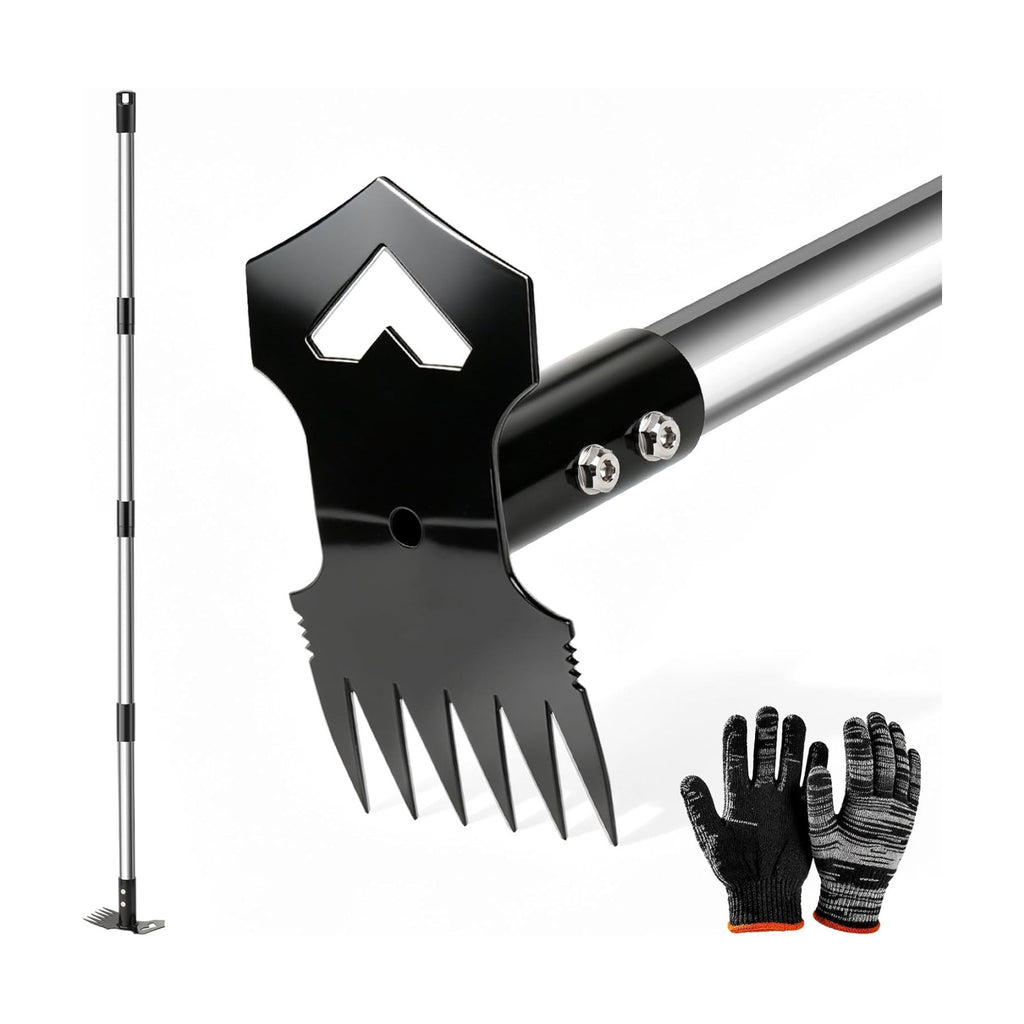 60" Weed Puller Tool with Long Handle, 2-in-1 Weed Rake & Garden Hoe, Stand Up Weeding Tools Gardening, Heavy Duty