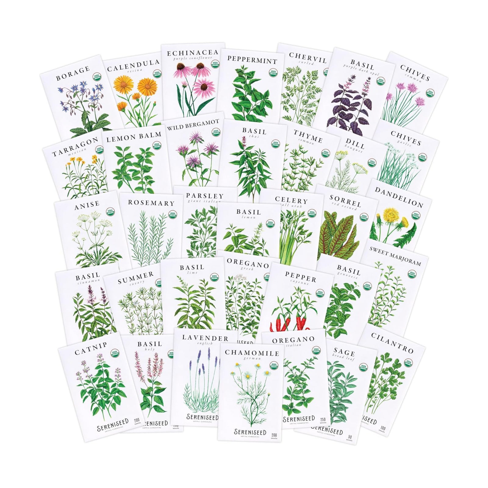 Sereniseed Certified Organic Herb Seeds 35-Pack | Non-GMO Heirloom Variety for Indoor Outdoor Culinary Gardening Gift