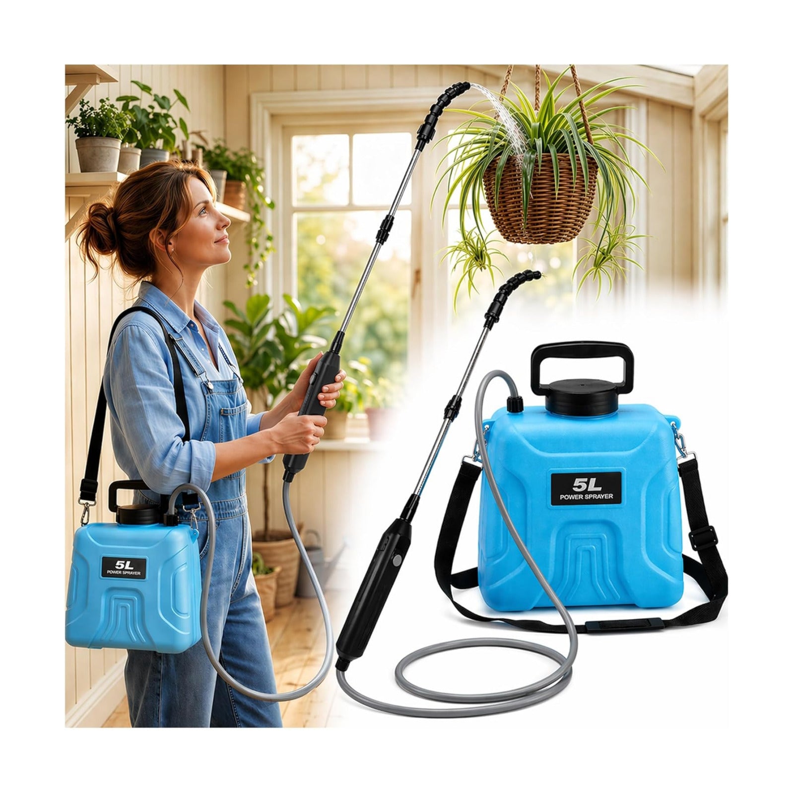 High Reach Plant Waterer with Spray Can Electric Water Sprayer | with Telescopic Wand and Water Hose, 180° Adjustable