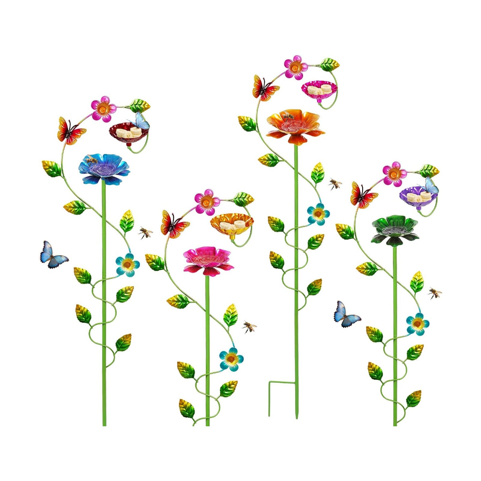 Bee Watering Station for Garden, Double-Flower Bee Bath 4 Pack | Colorful Butterfly Feeder, Metal Bee Feeders for