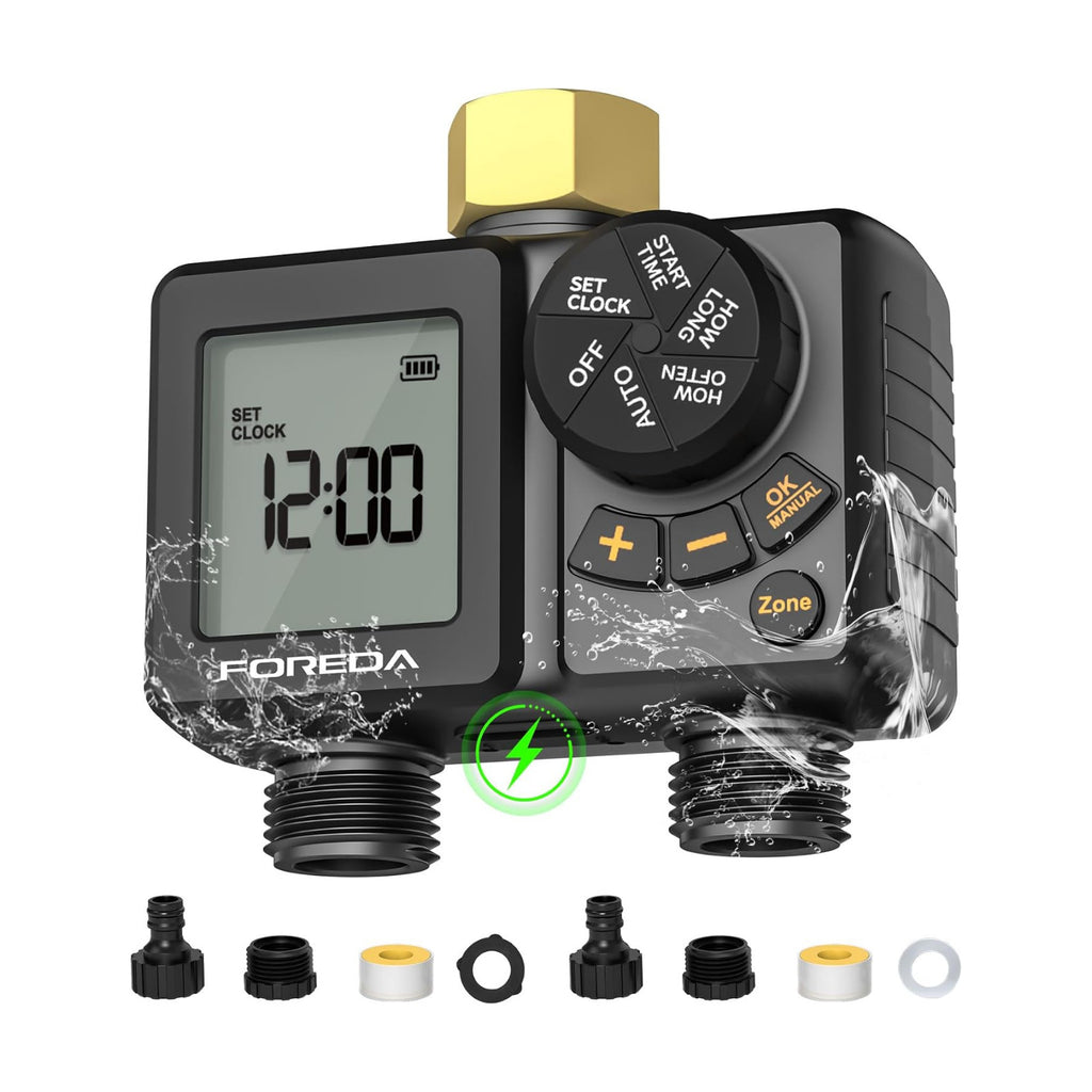 Rechargeable 2 Zone Water Timer, Sprinkler Timers for Garden Hose | Built-in Rechargeable Battery, Brass inlet, 2 Zone