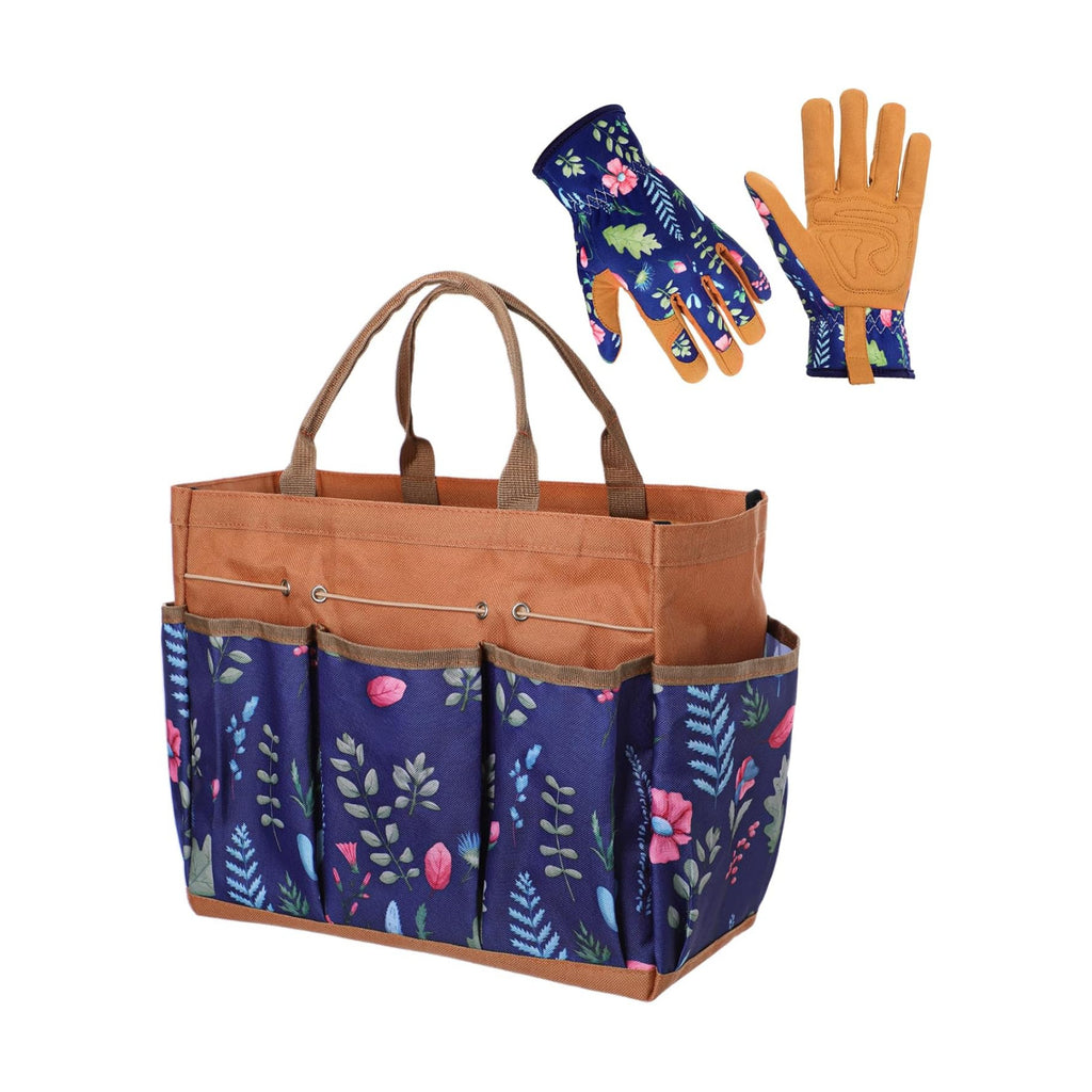 2 Pcs Large Floral Tote Bag and Garden Gloves,Classic,Brown | Heavy Duty Gardening Tools Gifts for Women, Thorn