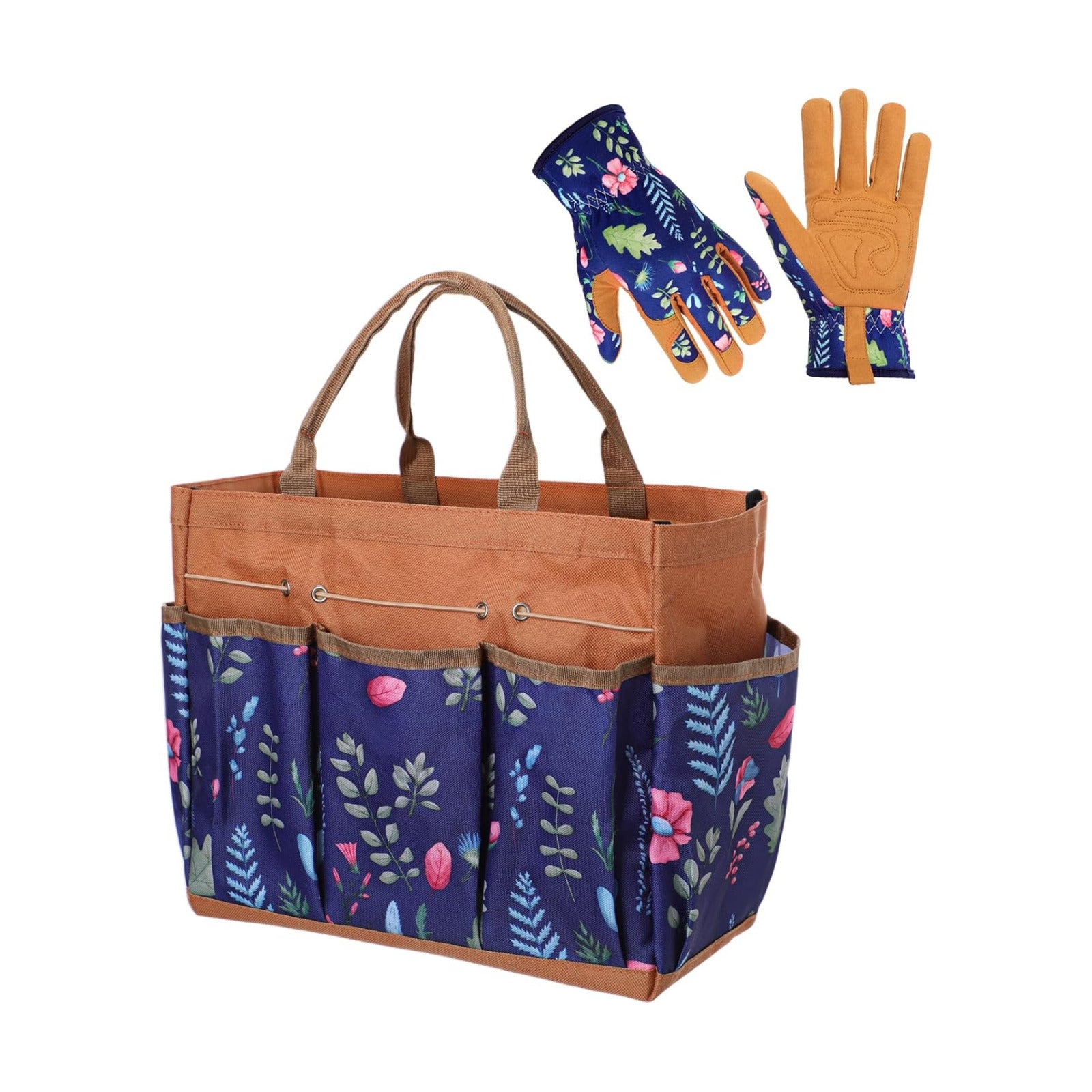 2 Pcs Large Floral Tote Bag and Garden Gloves,Classic,Brown | Heavy Duty Gardening Tools Gifts for Women, Thorn