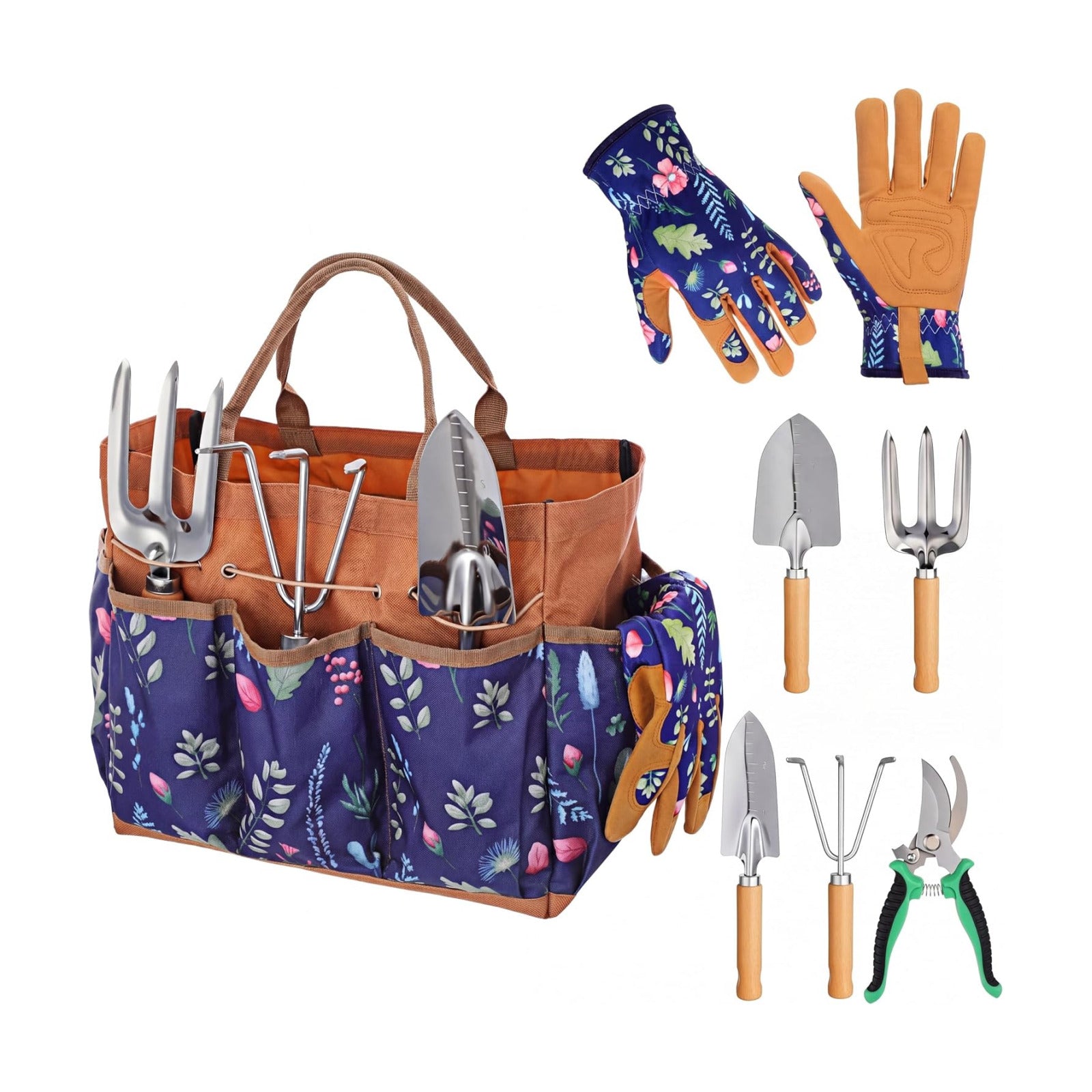 Lothee 7 Pcs Gardening Tool Set Garden Tote Bag with Gloves,Classic,Brown | Gardening Gifts for Women, Multi-Pocket
