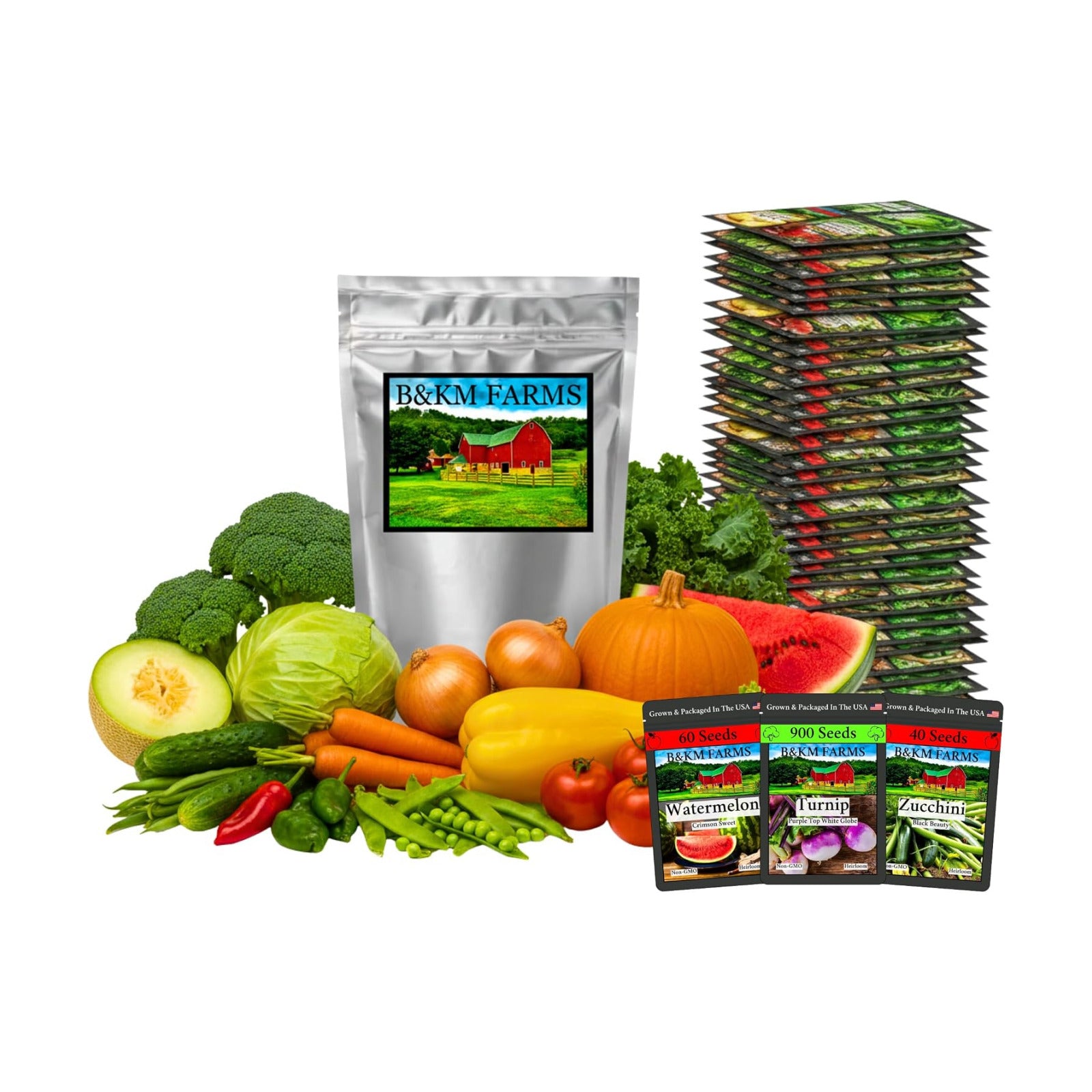 B&KM Farms Vegetable & Herb Seed Collection - 40 Varieties, 80 Packets, 90,000+ Heirloom Non-GMO Seeds, Resealable