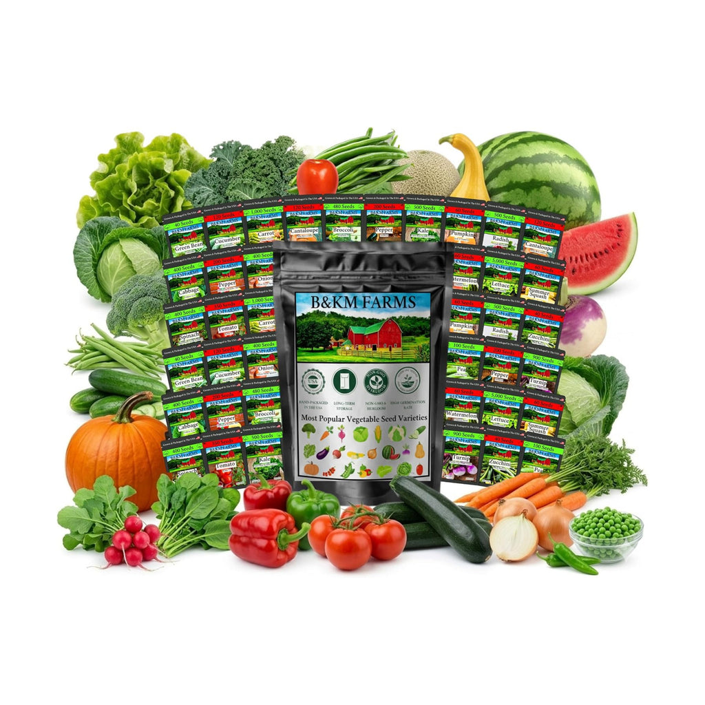 B&KM Farms Heirloom Vegetable Seeds Variety Pack – 20 Varieties, 40 Packets, 20,000+ Non-GMO Seeds – Water-Resistant