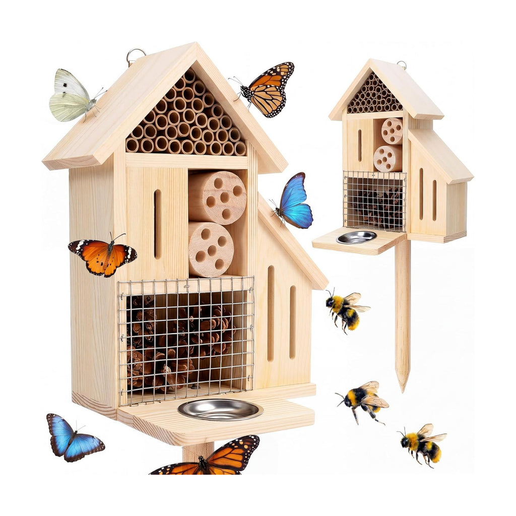 Wooden Insect Hotel Bee Ladybugs Butterfly House Large Natural Mason Bee Lady Bug Hotel with Stake and Feeder for