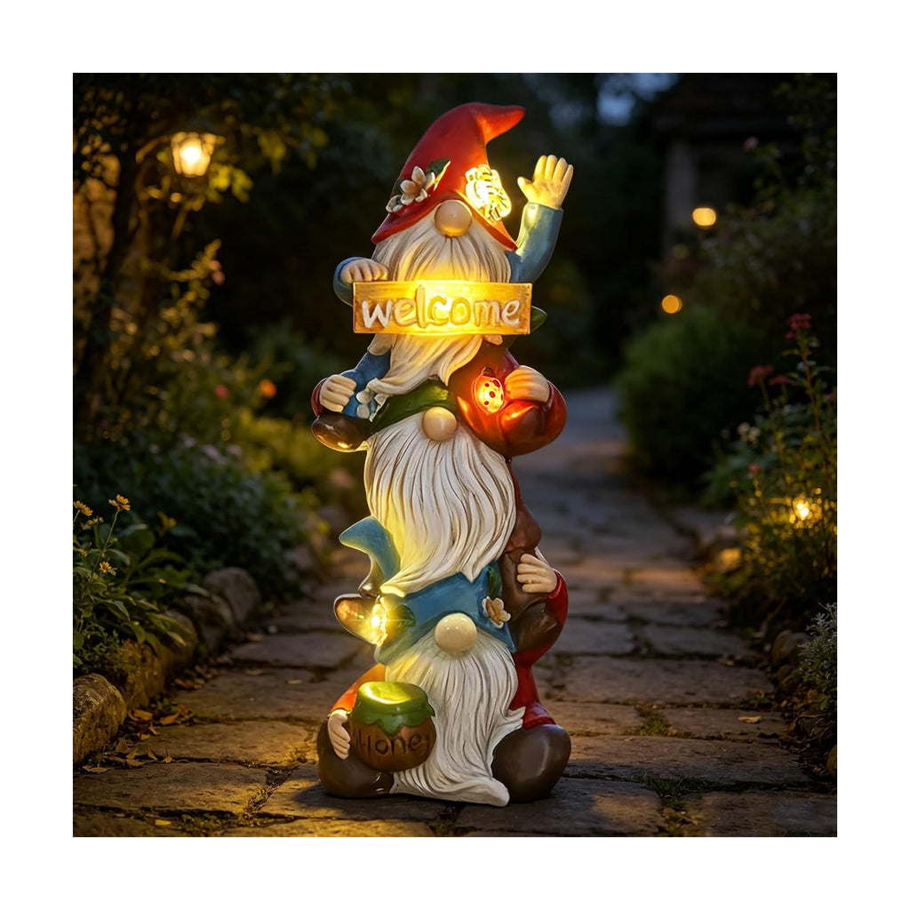 Garden Gnome Statue Solar Lights, Funny Faceless Triple Gnomes Sculptures Spring Decorations Outdoor Porch Patio Lawn Yard Art Balcony Home Decor Figurine, Birthday Gifts for Woman Mom Grandma