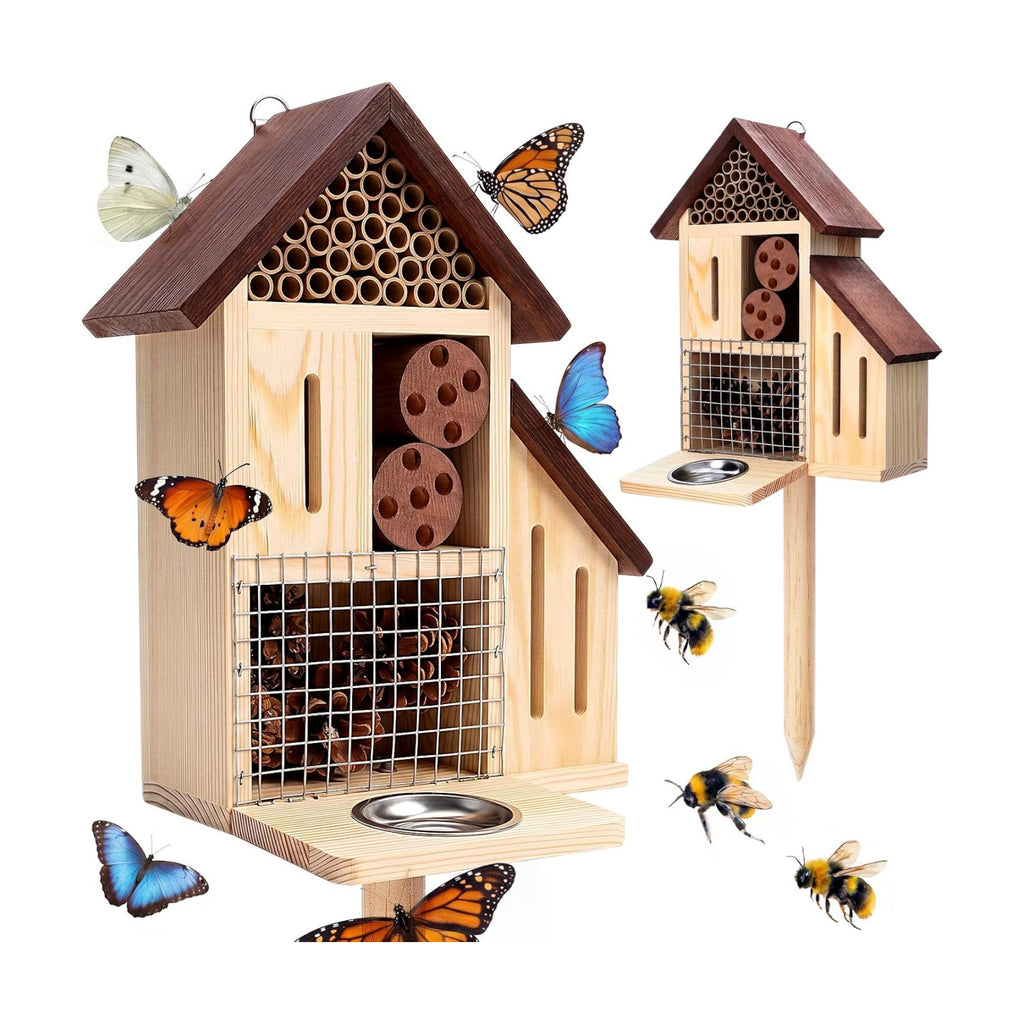 Wooden Insect Hotel Bee Ladybugs Butterfly House Large Natural Mason Bee Lady Bug Hotel with Stake and Feeder for