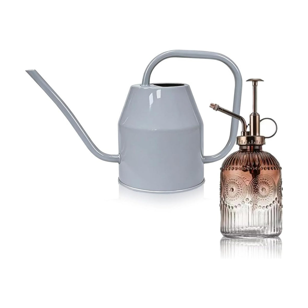 35 oz/1000 ml Metal Indoor Small Watering Can with Long Spout for House Plants Decorative, 12 oz/360 ml Glass Plant Mister Spray Bottle for Bonsai Garden Flowers (Grey)