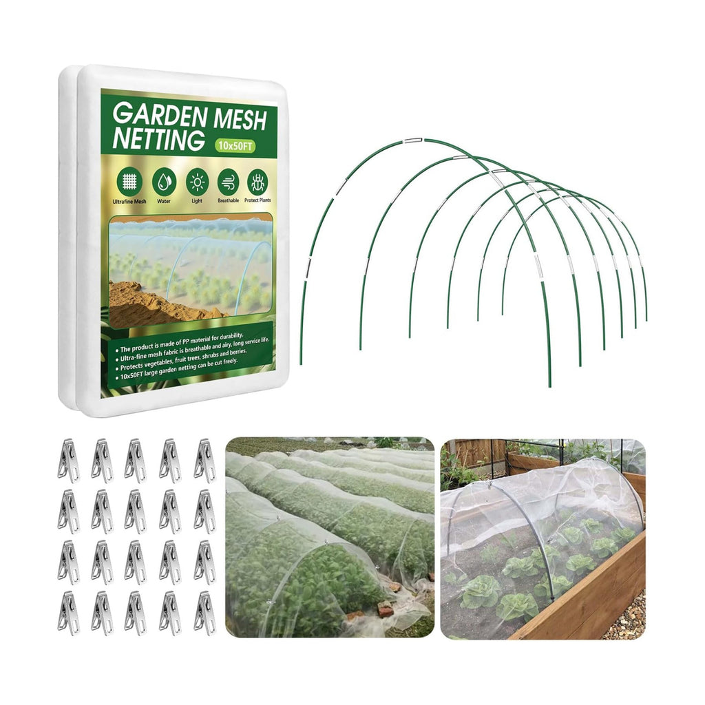 Garden Netting Kit for Raised Beds, 10x50FT Ultra Fine Mesh Netting＆ 6 Sets of 8FT Fiberglass Garden Hoops, Row Cover
