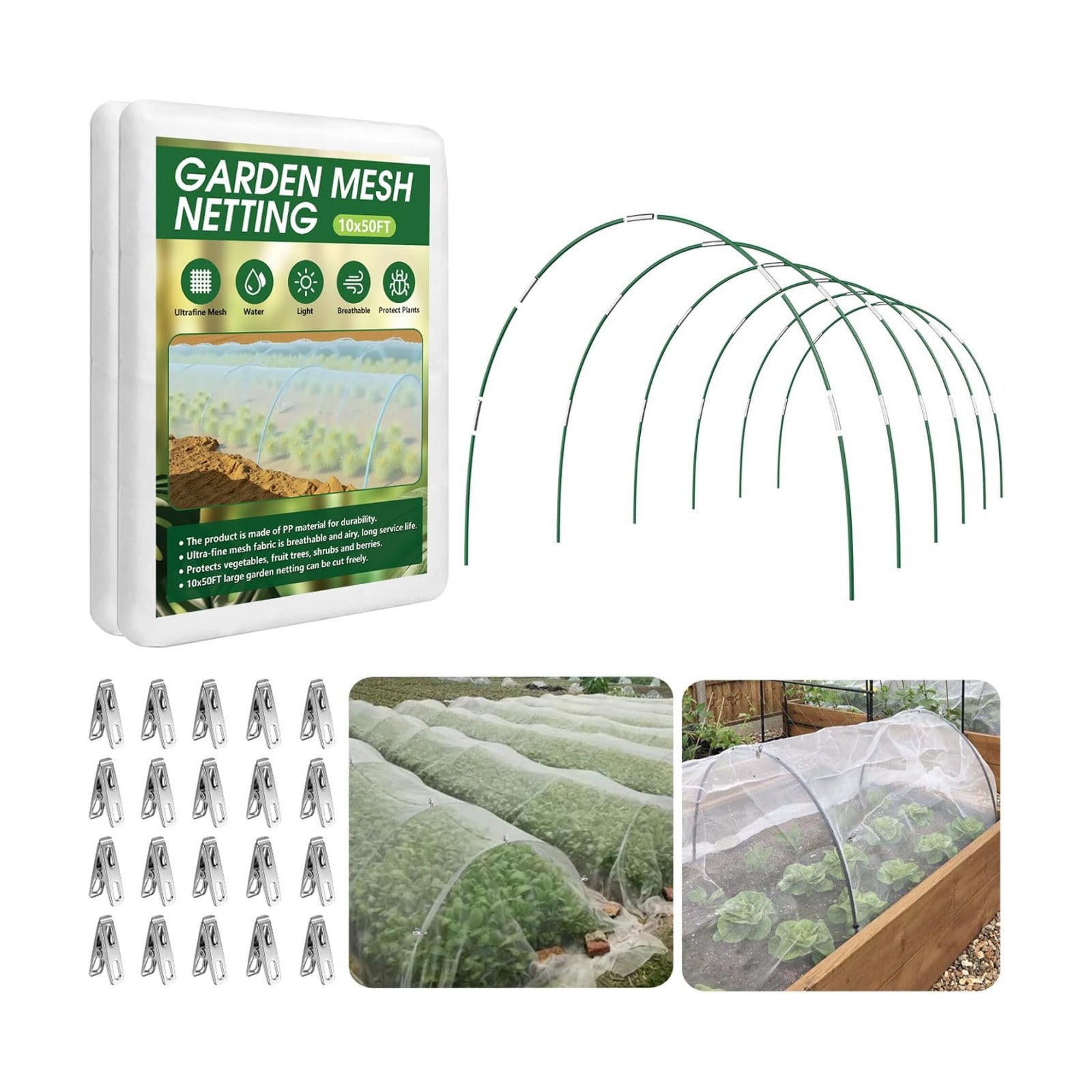 Garden Netting Kit for Raised Beds, 10x50FT Ultra Fine Mesh Netting＆ 6 Sets of 8FT Fiberglass Garden Hoops, Row Cover