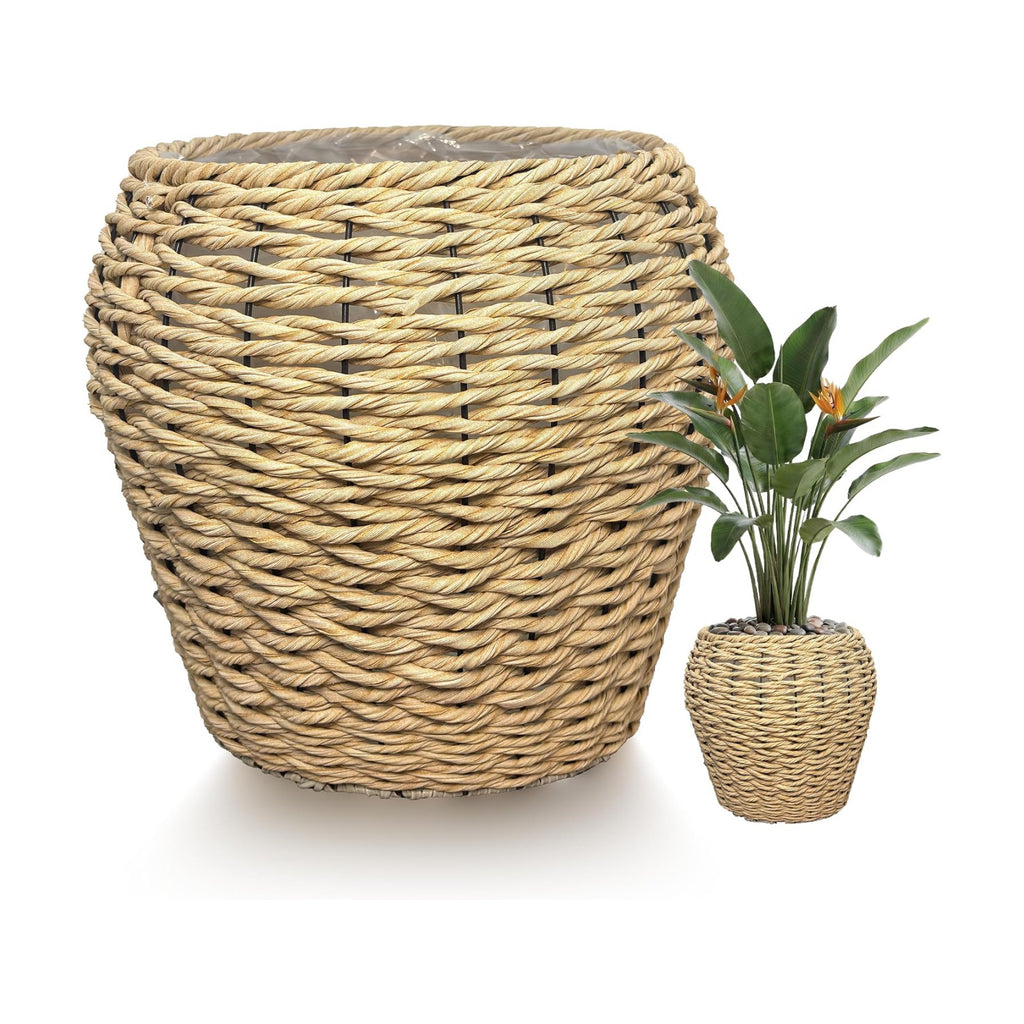 Large Handwoven Wicker Planter Basket with Metal Frame and Plastic Liner