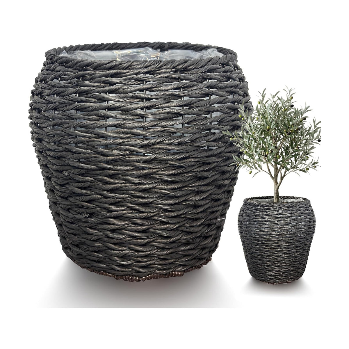 Large Handwoven Wicker Planter Basket with Metal Frame and Plastic Liner