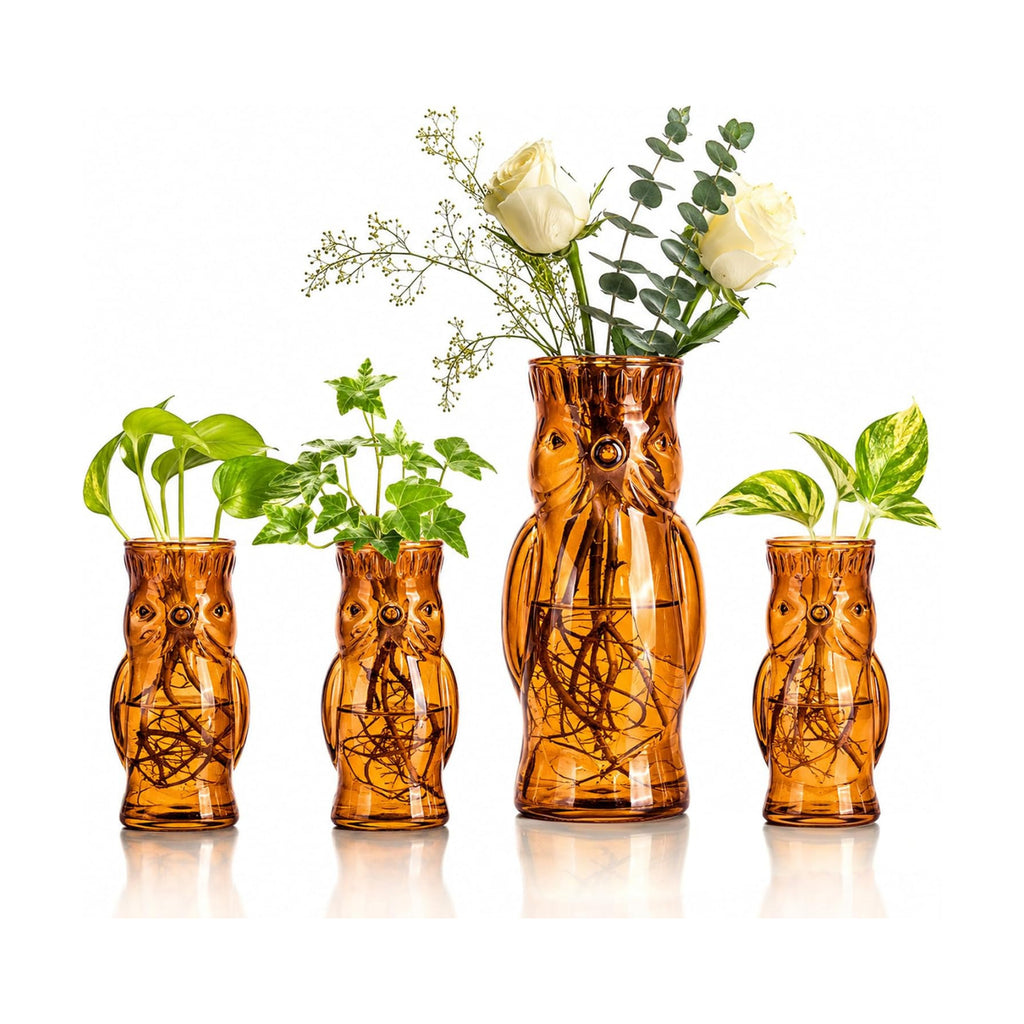 Owl Plant Propagation Station: Set of 4 Cute Brown Glass Vases | Small Plant Terrarium for Hydroponics, Home Office