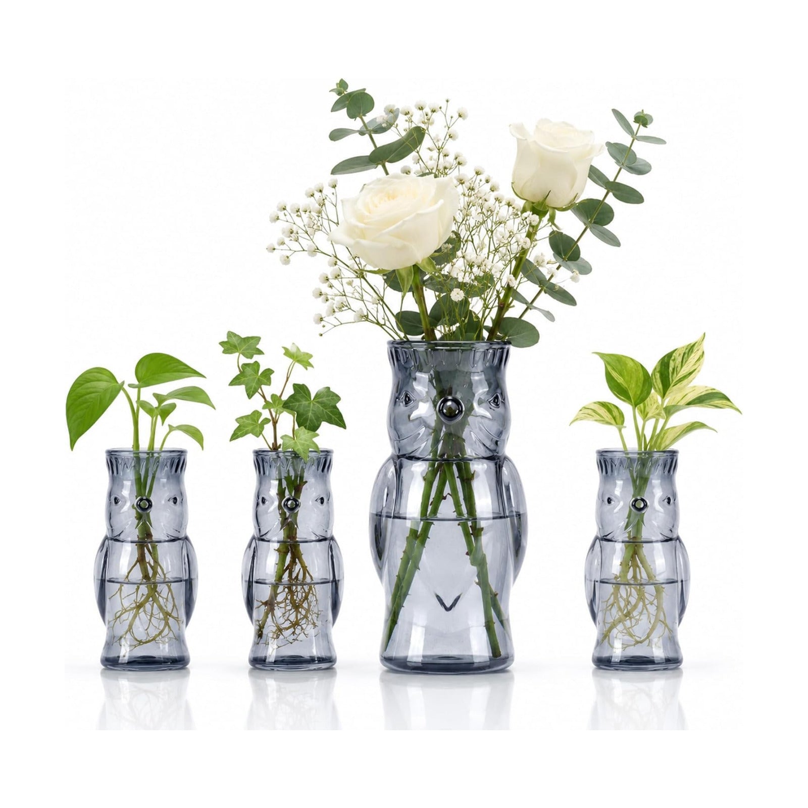 Owl Plant Propagation Station: Set of 4 Cute Grey Glass Vases | Small Plant Terrarium for Hydroponics, Home Office
