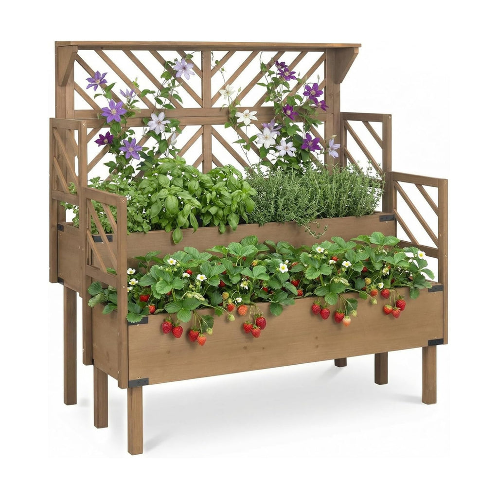 Raised Garden Bed with Trellis, 2-Tier Elevated Planter Box with Legs & Top Shelf, Liner, Metal Corners, Wooden Garden