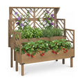 Raised Garden Bed with Trellis, 2-Tier Elevated Planter Box with Legs & Top Shelf, Liner, Metal Corners, Wooden Garden