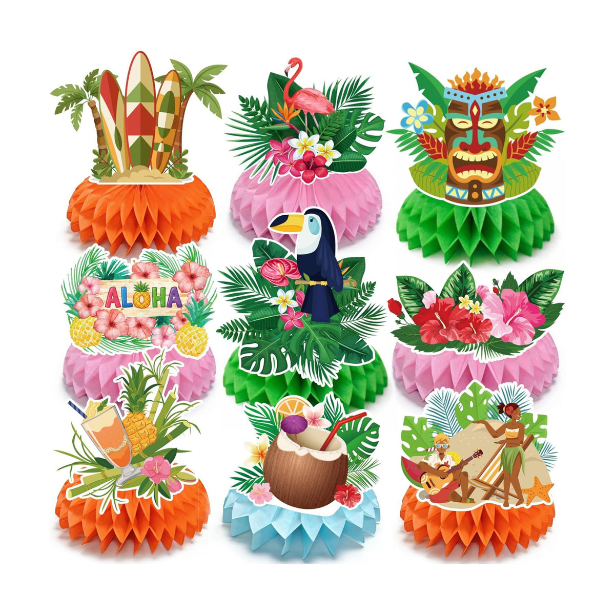 Luau Party Decorations - 9 PCS Hawaiian Honeycomb Table Centerpiece for Tiki and Love Island Hawaiian Theme Party Favors Supplies | Tropical Party Decorations for Summer Beach Pool Birthday Wedding