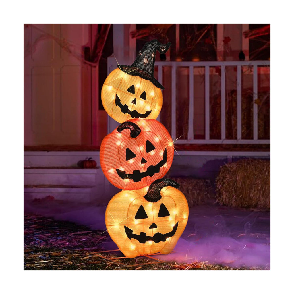 Halloween Lighted Stacked Pumpkins Decoration, Pre-Lit with 50 Warm White Lights Jack-O-Lantern Pumpkins Lights, Halloween Light Up Pumpkin for Indoor, Outdoor, Porch, Yard, 39’’ H